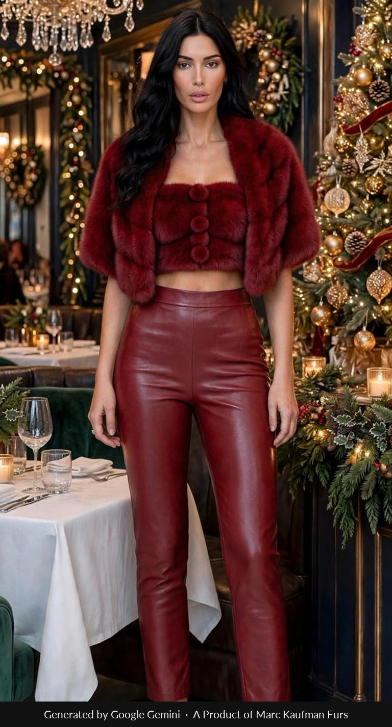 Burgundy mink bustier with three covered buttons and a matching cropped topper with elbow sleeves, worn over deep red leather trousers beside a candlelit table at Christmas.