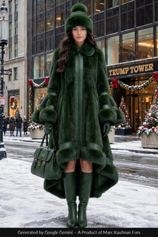 Emerald Green hi-low mink fur coat, mid-calf at the front and sweeping to floor length behind, with a zip front, fur collar and deep fur cuffs.
