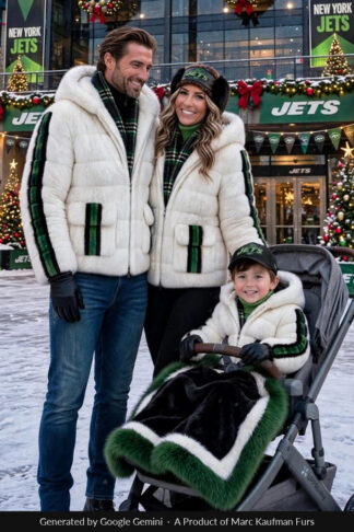 Family in matching white mink hooded jackets with green and black stripes, parents and a toddler, outside a stadium in snow