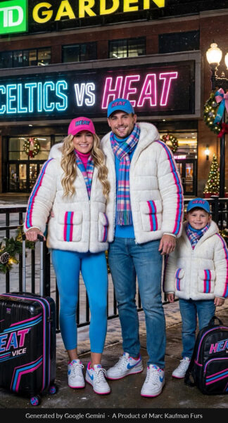 Parents and a boy outside an arena at night in matching white mink hooded jackets with a hot pink and sky blue stripe down each sleeve, a suitcase and a backpack beside them.