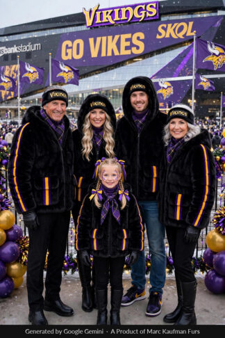 Three generations in matching black mink hooded jackets with purple and gold stripes, grandparents, parents and children