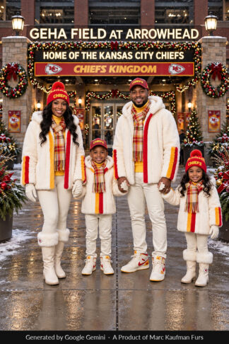 Two adults and two children in matching white mink hooded jackets with red trim and a gold stripe