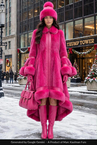 Fuchsia hi-low mink fur coat, mid-calf at the front and sweeping to floor length behind, with a zip front, fur collar and deep fur cuffs.