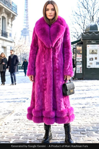 Woman in a full-length fuchsia mink coat with a huge fox fur shawl collar and a fox border at the hem, with a small black bag and black boots, on a snowy Paris street.