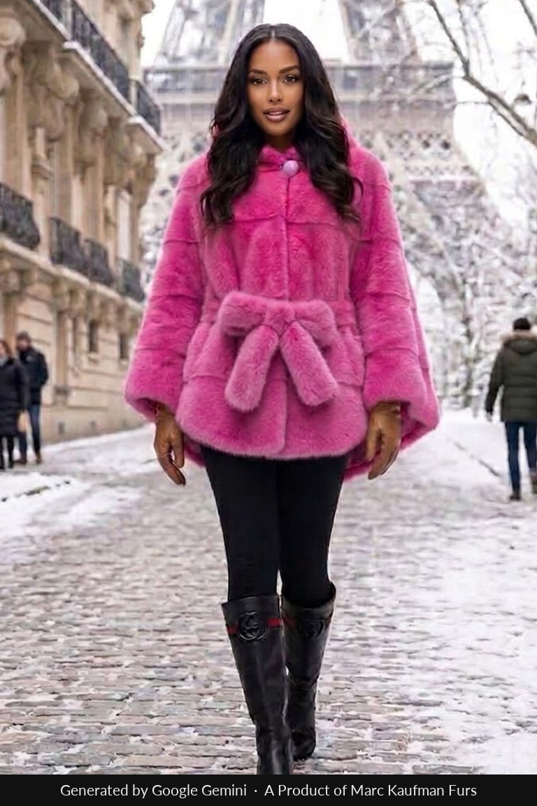 Fuchsia pink horizontal mink poncho closed at the throat with a single button, worn with tan leather gloves and black knee boots on a snowy Paris street.