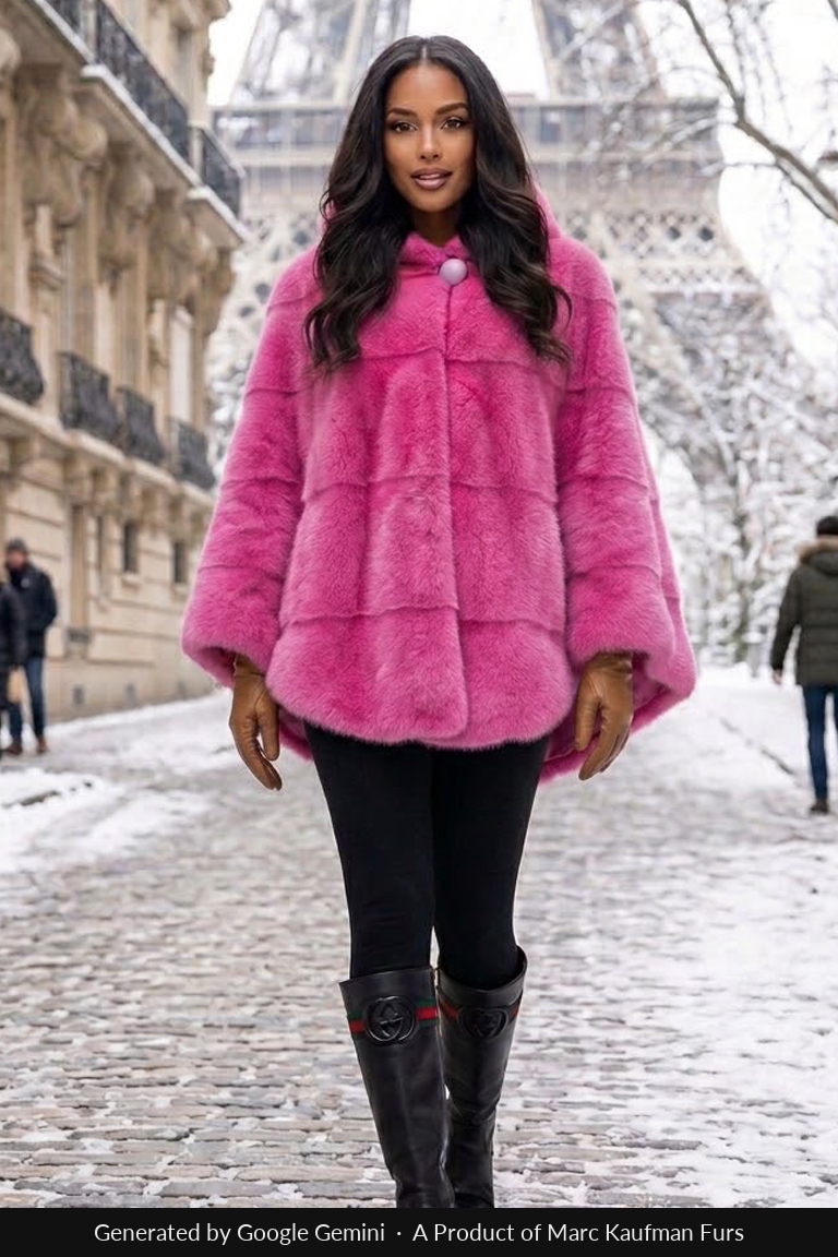 Fuchsia pink horizontal mink poncho closed at the throat with a single button, worn with tan leather gloves and black knee boots on a snowy Paris street.