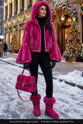 Model in a fuchsia pink hooded mink jacket with matching leather trim, a deep fur-lined hood and wide flared cuffs, on a snowy city street at dusk.