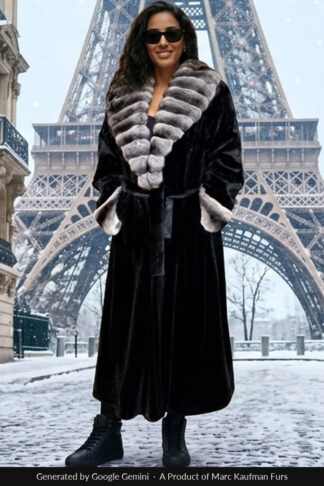 Full-length Blackglama mink belted coat featuring a cross-cut chinchilla shawl collar and cuffs.