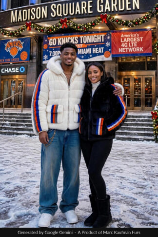 Couple outside a Manhattan arena in matching striped hooded mink jackets, his in white and hers in black, with orange and blue stripes on the sleeves and pockets.