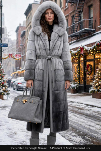 Model in a full length grey degrade mink coat, horizontal bands shading from silver at the shoulder to charcoal at the hem, with an oversized fur hood and tie belt.