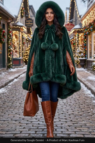 Hunter green mink cape with fox-trimmed hood, front tie, and pom-poms, worn outdoors on a cobblestone street.