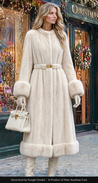 Woman in a full-length ivory mink coat with a collarless cardigan neckline, a gold-buckled fur belt, deep fur cuffs and a fur band at the hem, outside a Christmas shopfront in New York.