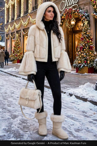 Model in an ivory white hooded mink jacket with cream leather trim, a deep fur-lined hood and wide flared cuffs, outside a lit Fifth Avenue storefront.