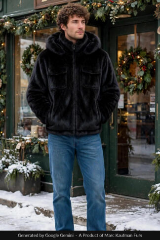 Man in a black mink fur bomber jacket with the fur hood up, buttoned cargo pockets on the chest and a zip front, over blue jeans outside a shopfront in falling snow.