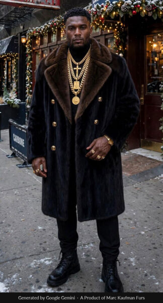 Man in a knee-length black mink coat, double breasted with six gold buttons and wide brown mink lapels, over a black roll-neck and black trousers on a snowy New York street at Christmas.