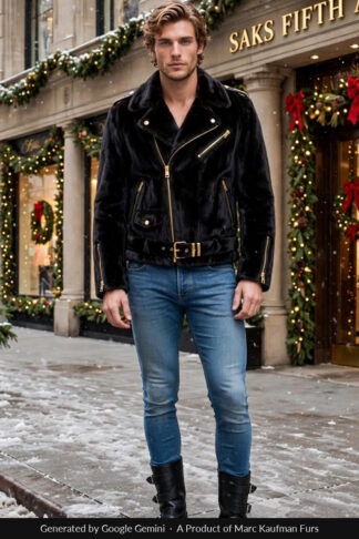 Black mink biker jacket with an offset gold zip, epaulettes, zipped pockets and a gold buckled belt, worn over jeans and boots in the snow.