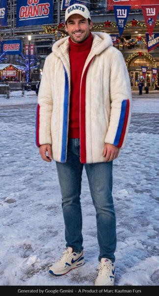 Man in a mid-thigh white mink hooded coat with a royal blue and red band down each side of the zip and round each sleeve, over a red roll neck and jeans, on a snowy stadium plaza.
