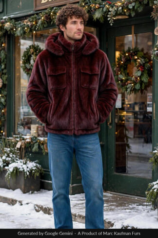 Burgundy mink bomber jacket with a hood, front zipper, and cargo pockets, worn outdoors.