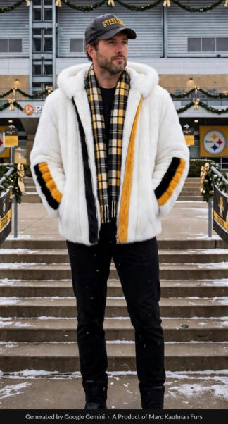 Man in an open white mink hooded jacket with a gold and black band down each side of the zip and round each sleeve, a plaid scarf at the neck, on the steps of a Pittsburgh stadium.