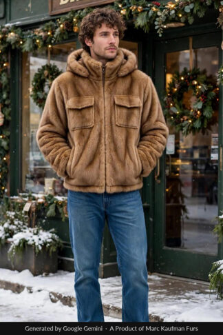 Golden tan mink bomber jacket with a hood, front zip, and cargo pockets worn outdoors.