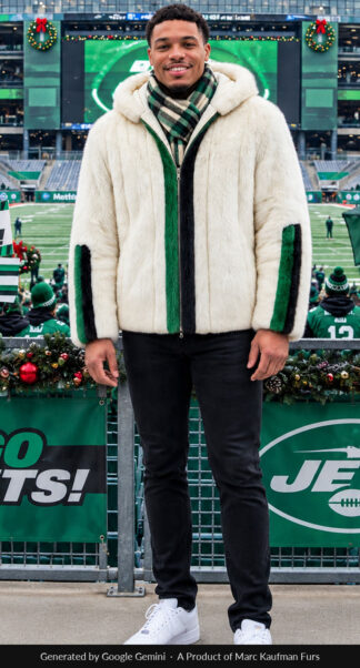 Man in a white mink hooded jacket with a green and black band down each side of the zip and round each sleeve, a green plaid scarf at the neck, in the stands of a New Jersey stadium.
