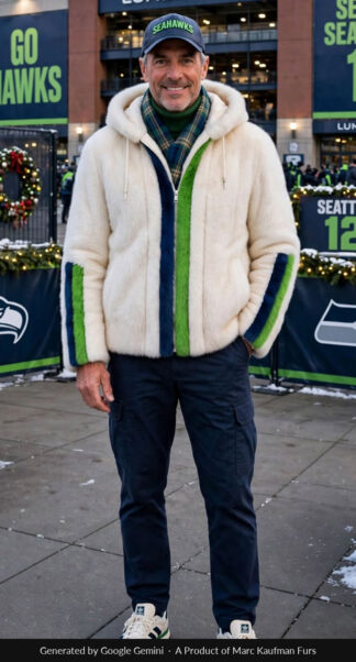 Man in a white mink hooded jacket with a lime green and navy band down each side of the zip and round each sleeve, a tartan scarf at the neck, outside a Seattle stadium with the Space Needle behind.