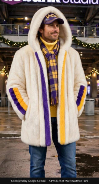 Man in a mid-thigh white mink hooded coat with the hood up, a purple and gold band down each side of the zip and round each sleeve, hands in the pockets, outside a Minneapolis stadium at night.