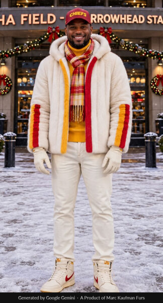 Man in an open white mink hooded jacket with a red and gold band down each side of the zip and round each sleeve, over a gold turtleneck and plaid scarf, outside a Kansas City stadium in snow.
