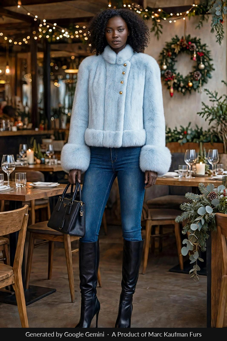 Pale blue mink jacket with a stand-up collar, turn-back cuffs and a horizontal fur border at the hem, worn over jeans and boots.