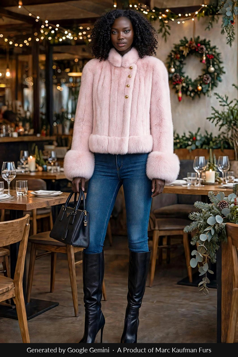 Soft pink mink jacket with gold buttons, a stand-up collar and deep turn-back cuffs, worn over blue jeans and black boots.