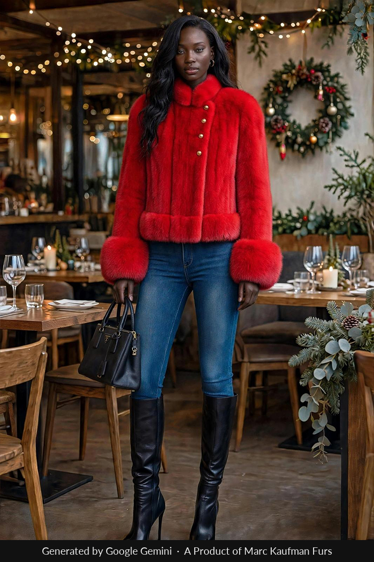Bright red mink jacket with a stand-up collar, gold buttons and turn-back cuffs, worn open over jeans and knee boots.