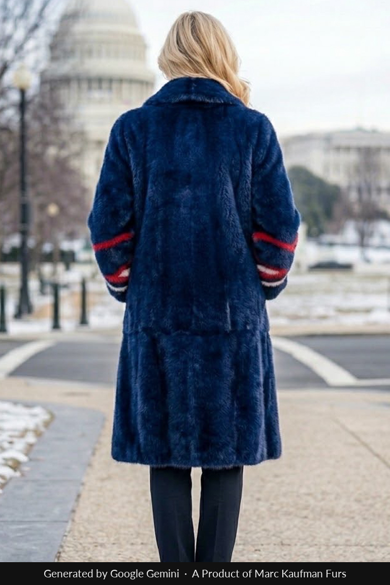 Patriotic Navy Blue Sheared Mink Coat with Red and White Striped Sleeves 1059 - Image 2