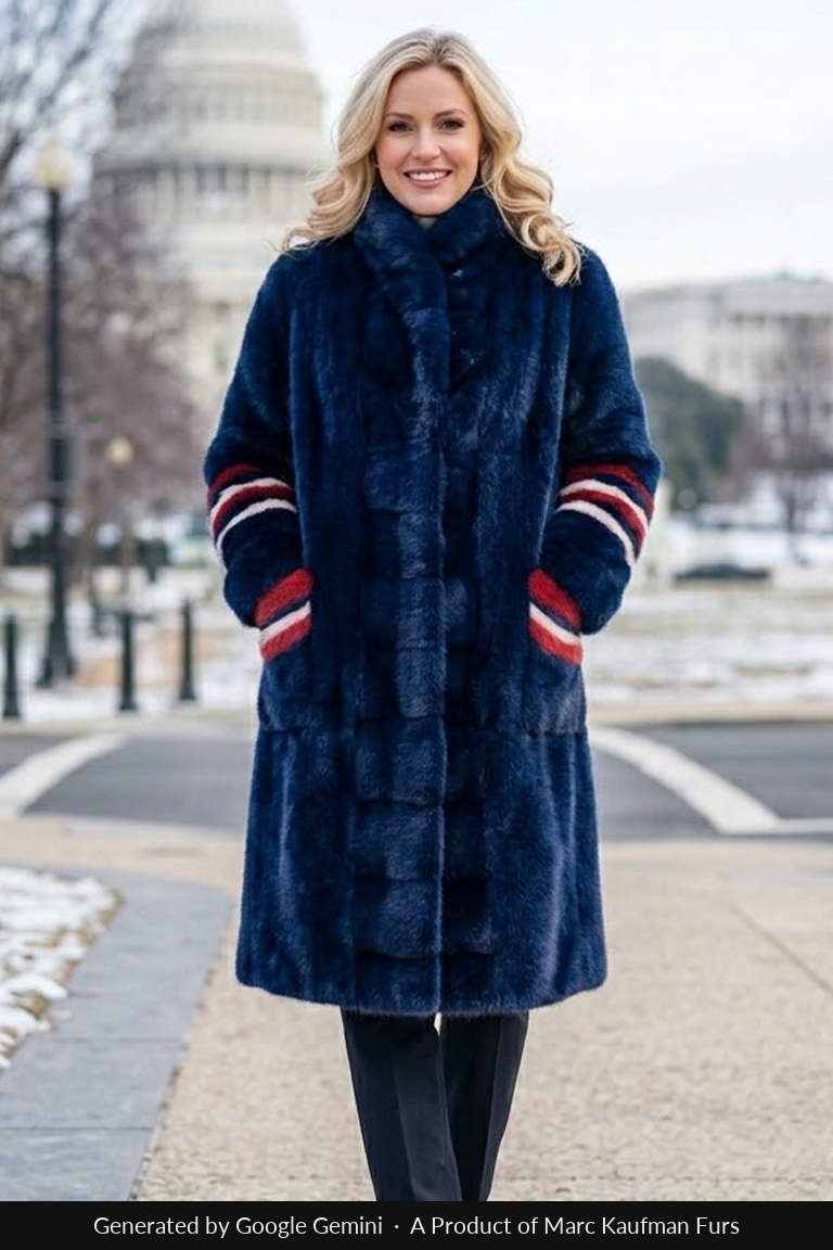 Knee-length navy blue sheared mink coat with red and white stripes around the upper sleeves and at the pockets, worn in Washington in winter.