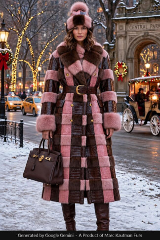 Pink mink fur coat checkerboarded with embossed brown leather panels, a deep portrait fur collar, wide fur cuffs and a belted waist, by Marc Kaufman Furs