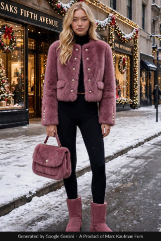 Model in a dusty rose cardigan-neckline crop mink jacket with two rows of pearl and gold buttons and flapped hip pockets, outside Saks Fifth Avenue in the snow.