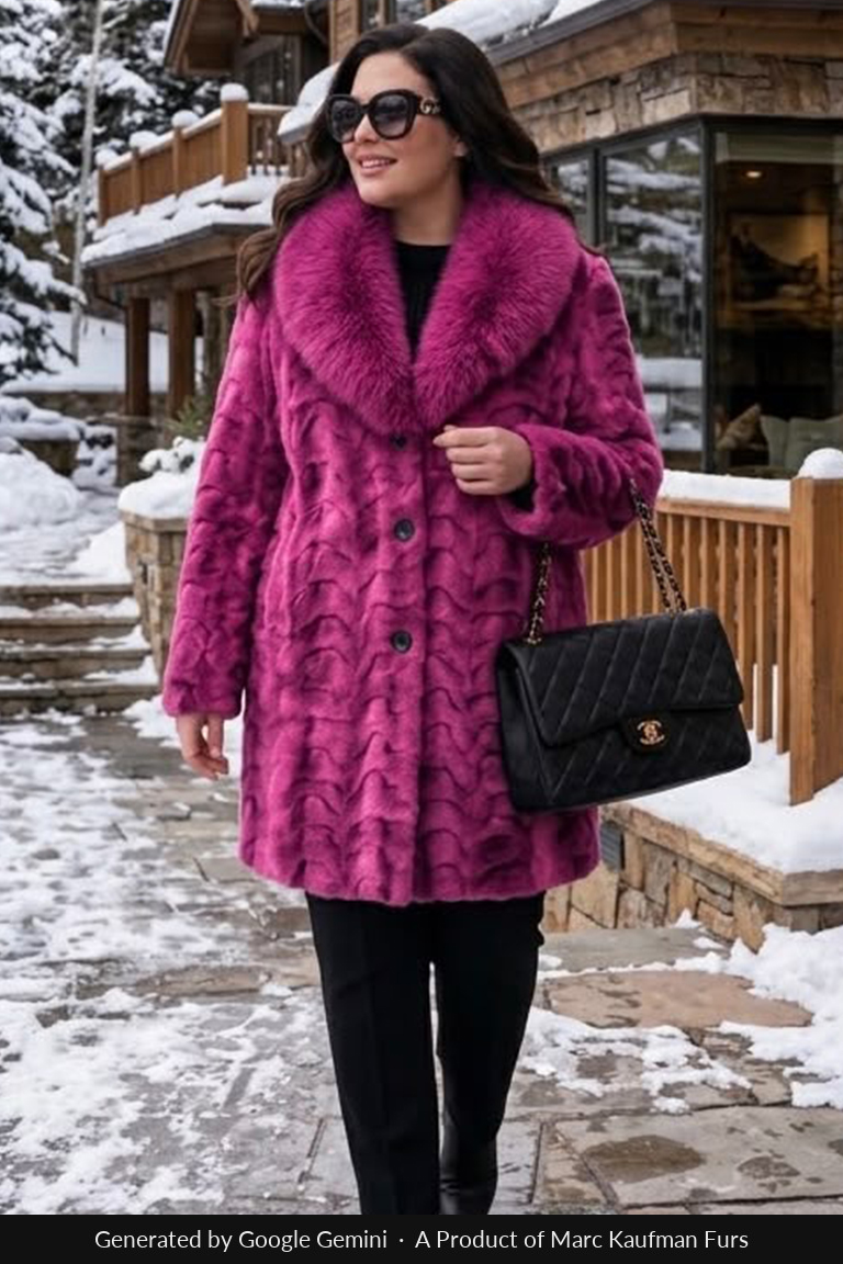 Magenta sculptured mink jacket with a deep matching fox shawl collar and four buttons, worn over black trousers on a snowy path.