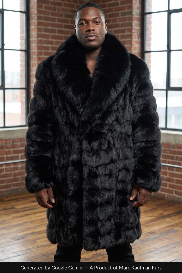 Knee-length black fox fur coat for men with an oversized shawl collar and a body in horizontal sections, worn open over black trousers.