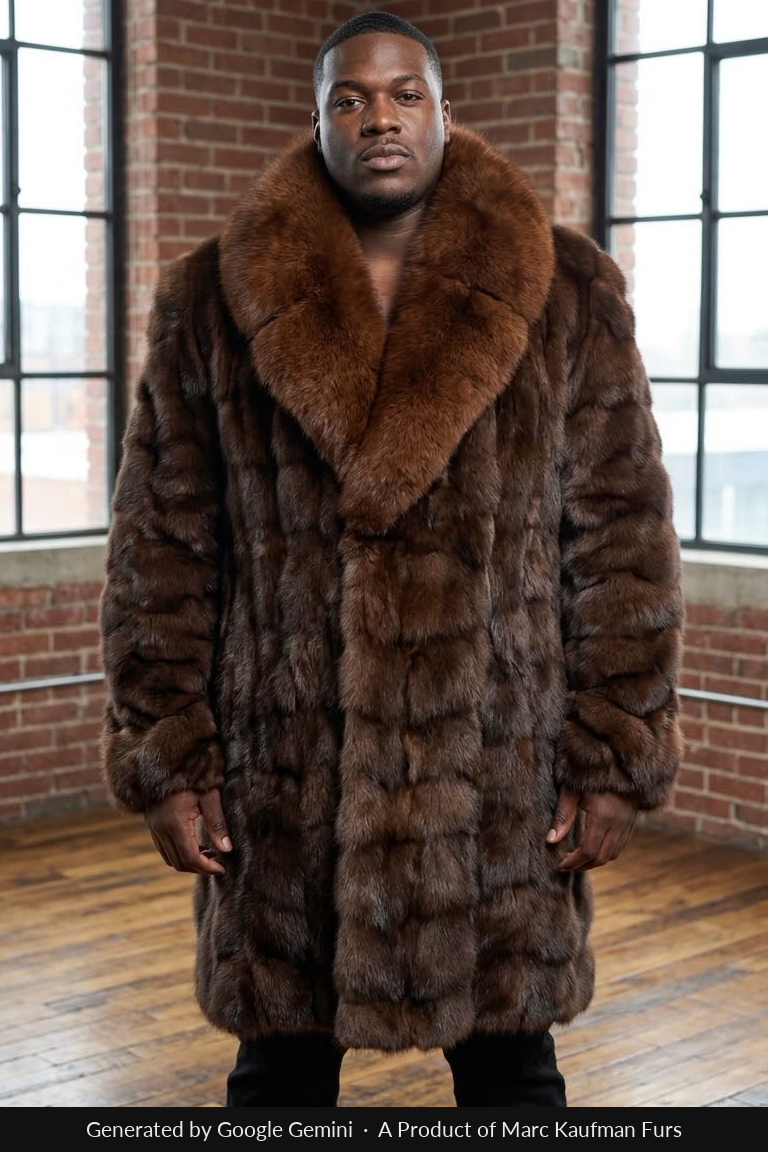 Knee-length russet brown fox fur coat for men with an oversized shawl collar and horizontal sections, worn open over black trousers.
