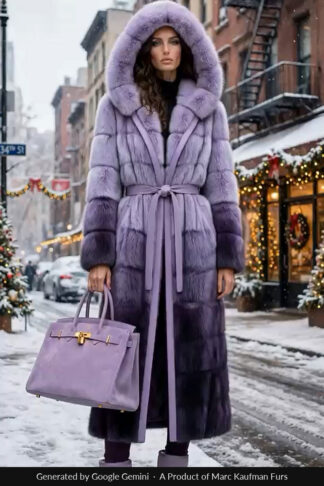 Purple-degrade-horizontal-Mink-Coat-with-Hood.jpg Model in a full length purple degrade mink coat, horizontal bands shading from lilac at the shoulder to aubergine at the hem, with an oversized fur hood and tie belt.