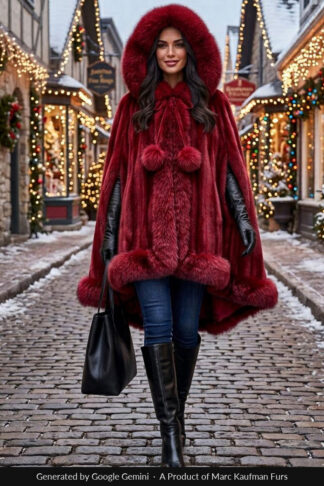 Red mink cape with a fur-trimmed hood, pom-pom drawstrings, and fox trim on the hem, worn outdoors.