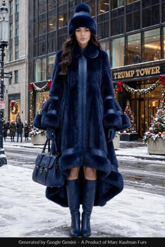 Royal Blue hi-low mink fur coat, mid-calf at the front and sweeping to floor length behind, with a zip front, fur collar and deep fur cuffs.