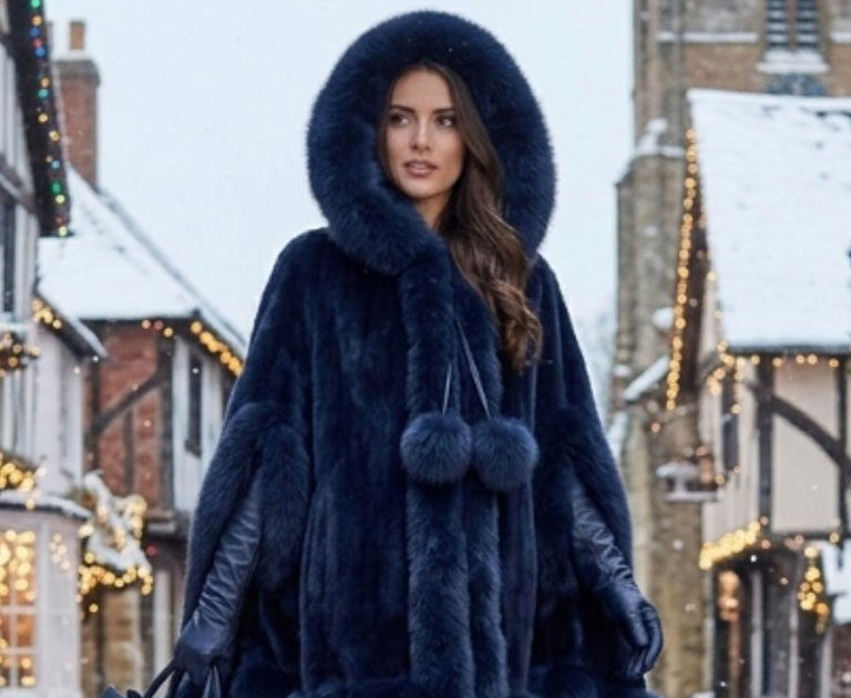Royal Blue Mink Cape with Fox Hood | Marc Kaufman Furs