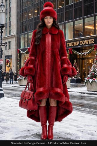 Ruby Red hi-low mink fur coat, mid-calf at the front and sweeping to floor length behind, with a zip front, fur collar and deep fur cuffs.