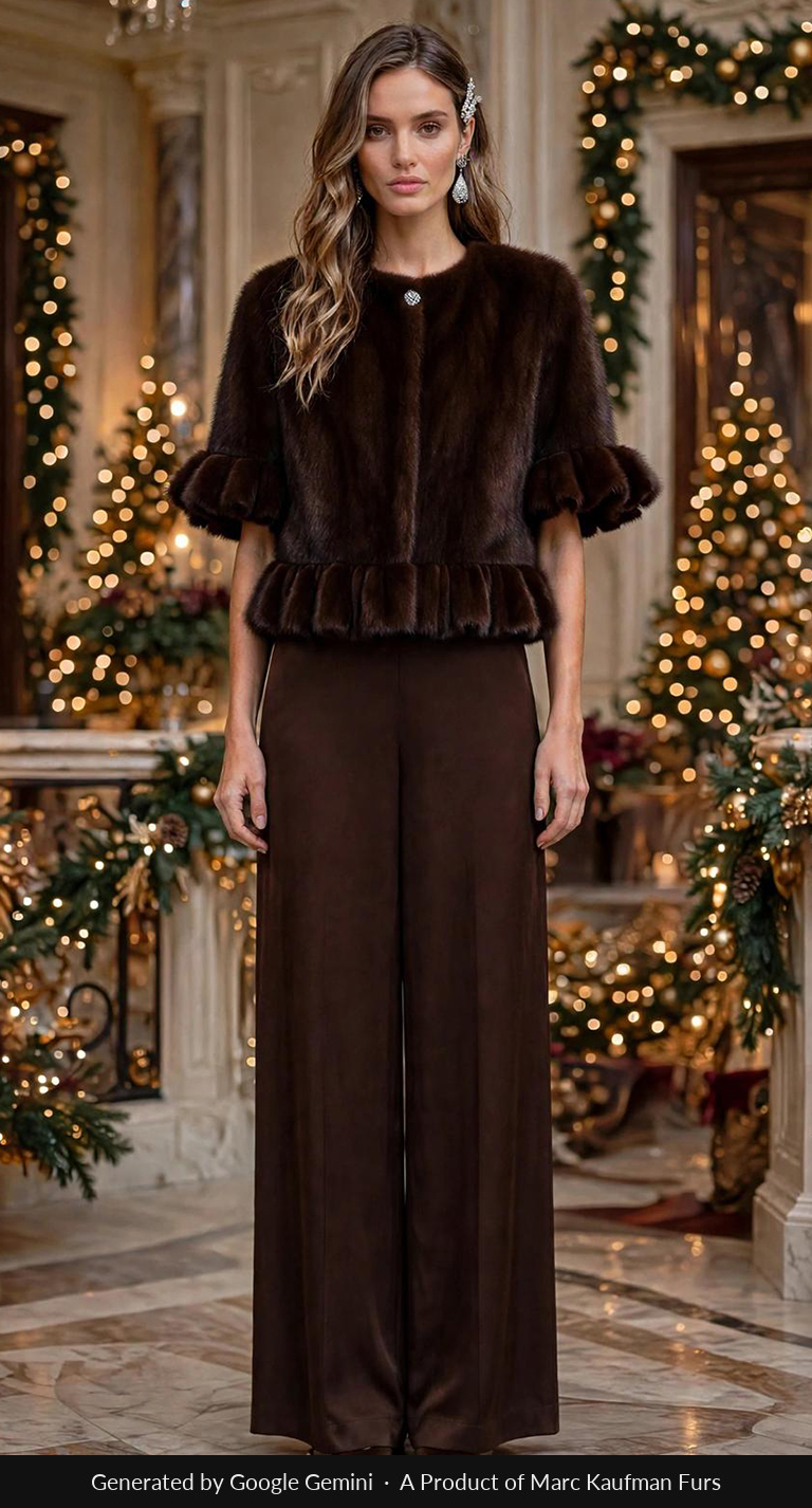 Very dark brown cropped mink jacket with ruffled elbow cuffs and a peplum hem, over matching espresso satin trousers in a lit hall.