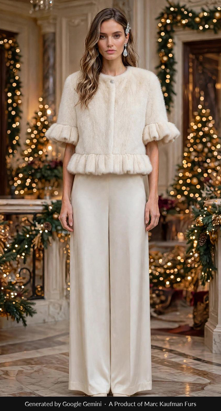 Warm cream cropped mink jacket with a peplum frill and gathered elbow cuffs, worn over matching ivory satin trousers in a decorated hall.