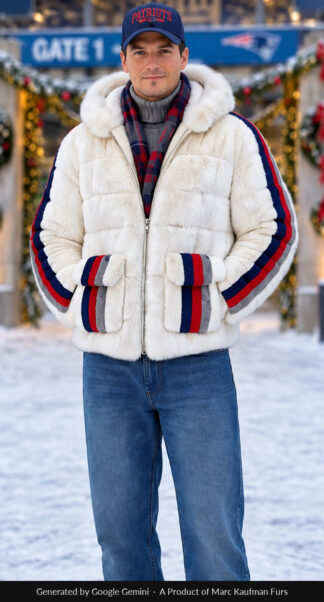 Man in a hooded white mink jacket with navy, red and grey stripes down each sleeve and across the flap pockets, standing in the snow outside a stadium gate.