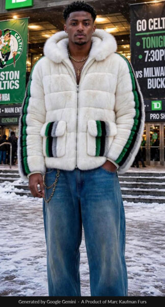 Man in a hooded white mink jacket with green, black and grey stripes down each sleeve and across the flap pockets, standing in falling snow outside a Boston arena.