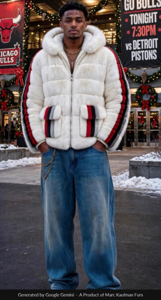 Man in a hooded white mink jacket with red, black and grey stripes down each sleeve and across the flap pockets, standing outside a Chicago arena at dusk.