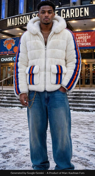 Man in a hooded white mink jacket worked in horizontal bands, with royal blue and orange stripes on the flap pockets and down each sleeve, standing in the snow outside a Manhattan arena.