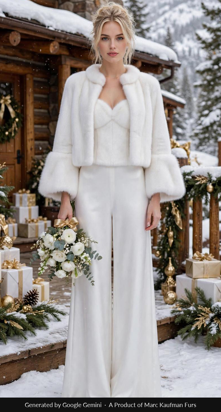 Snow white mink jacket, cropped and worn open over a matching bodice and wide white satin trousers, with flounced cuffs at the forearm.